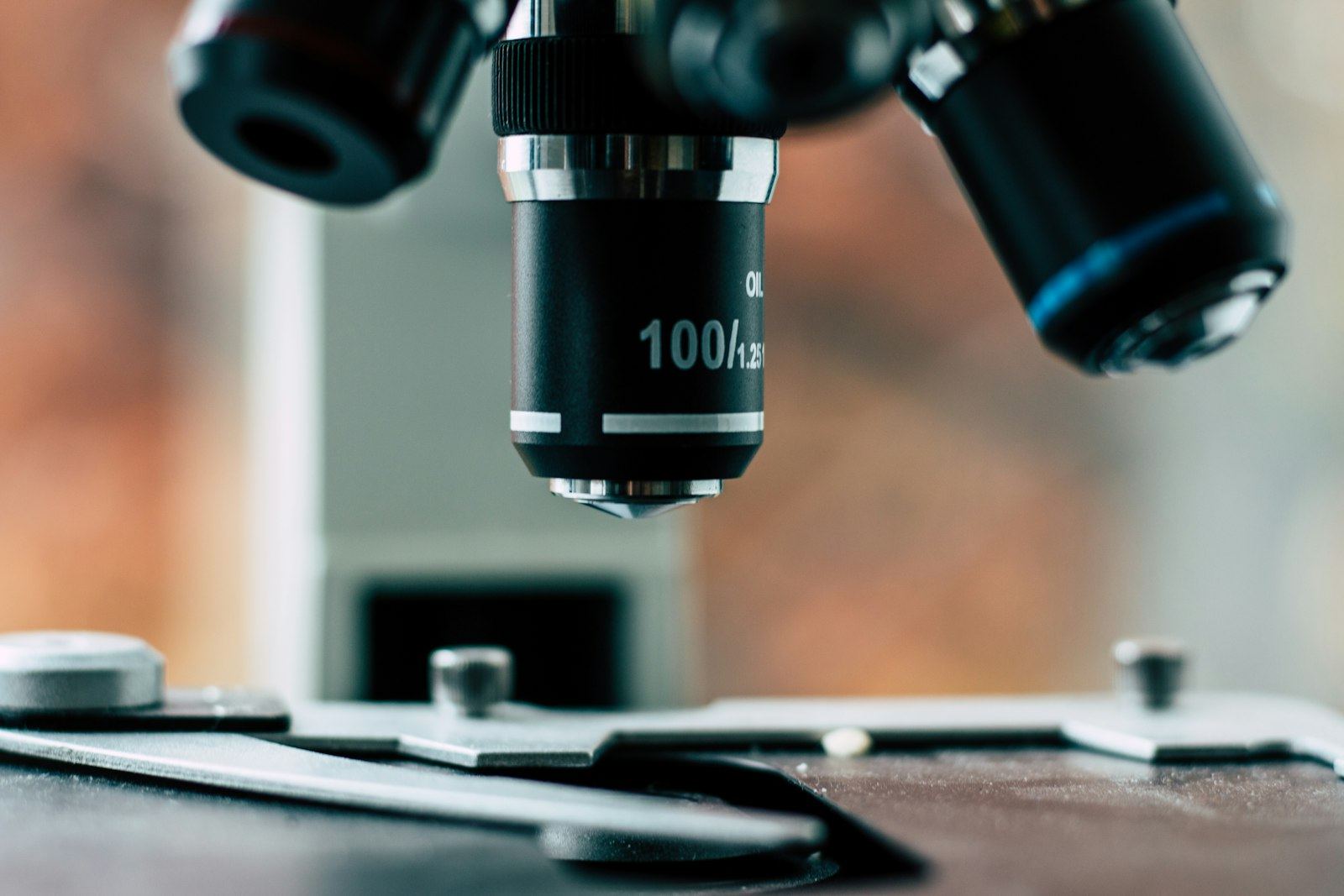 The 100x objective lens of a laboratory microscope