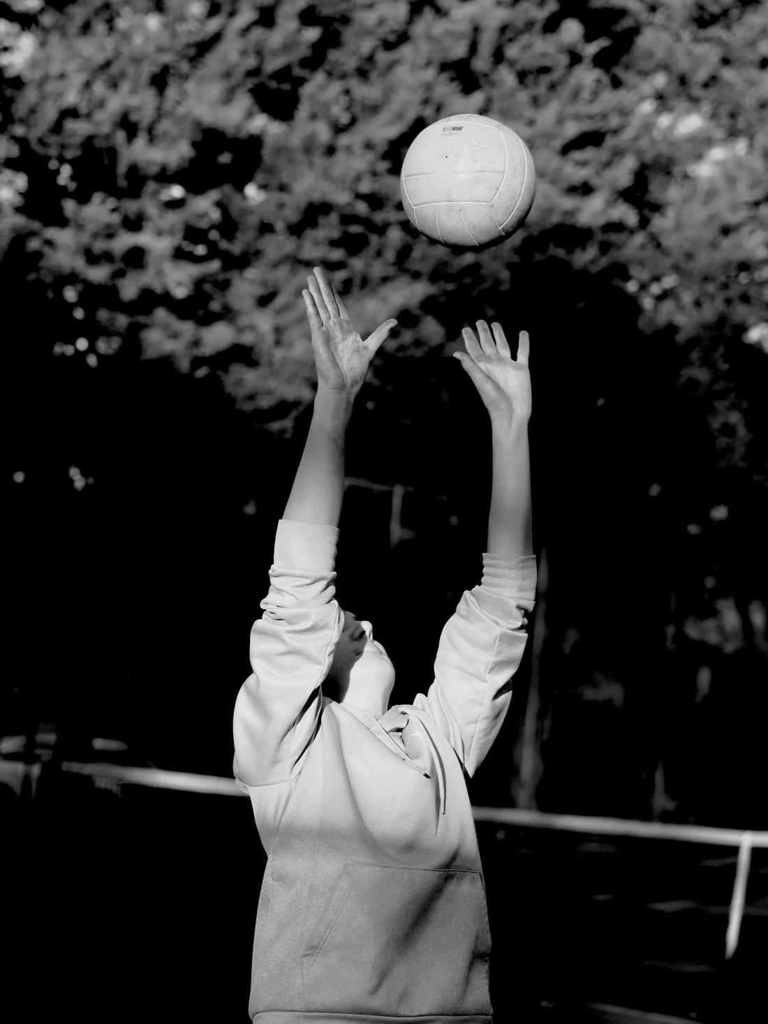 Black and white photograph of a volleyball player setting a ball overhead